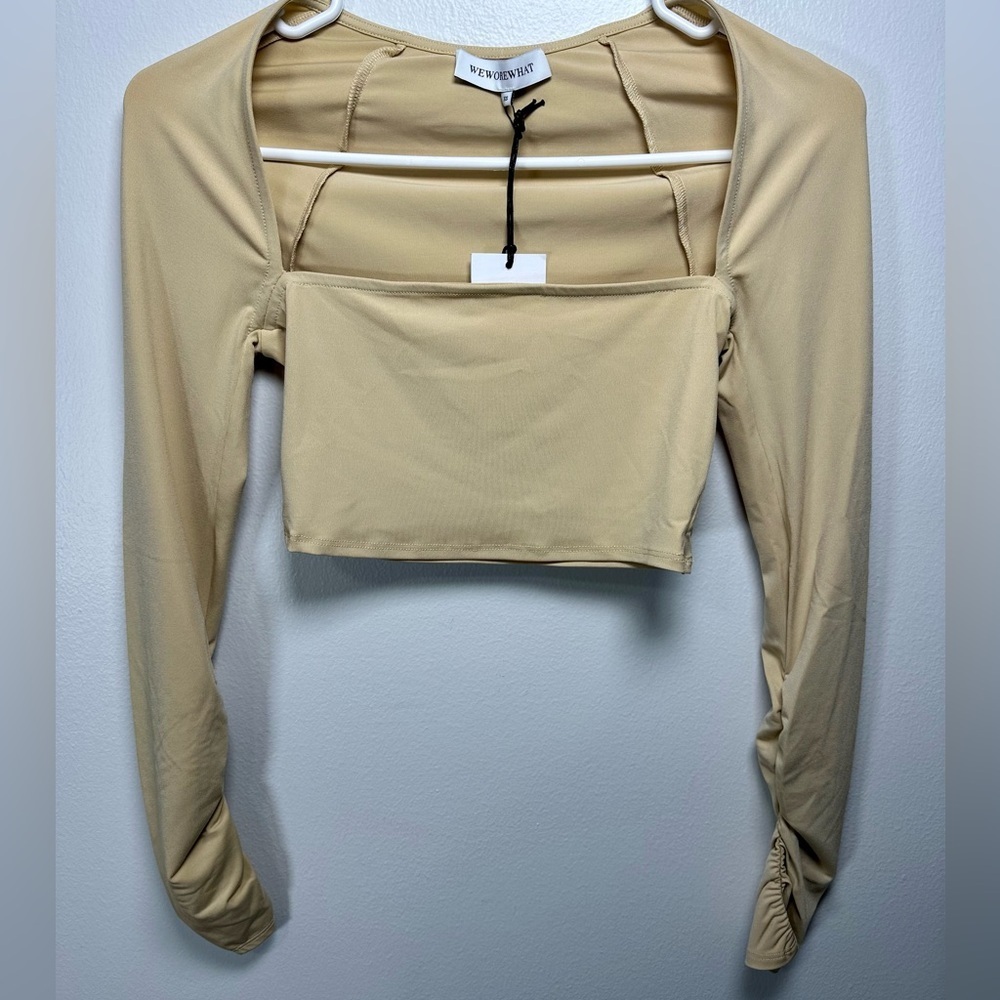 WeWoreWhat Beige Bandeau Ruched Long Sleeve Crop Top size XS Revolve